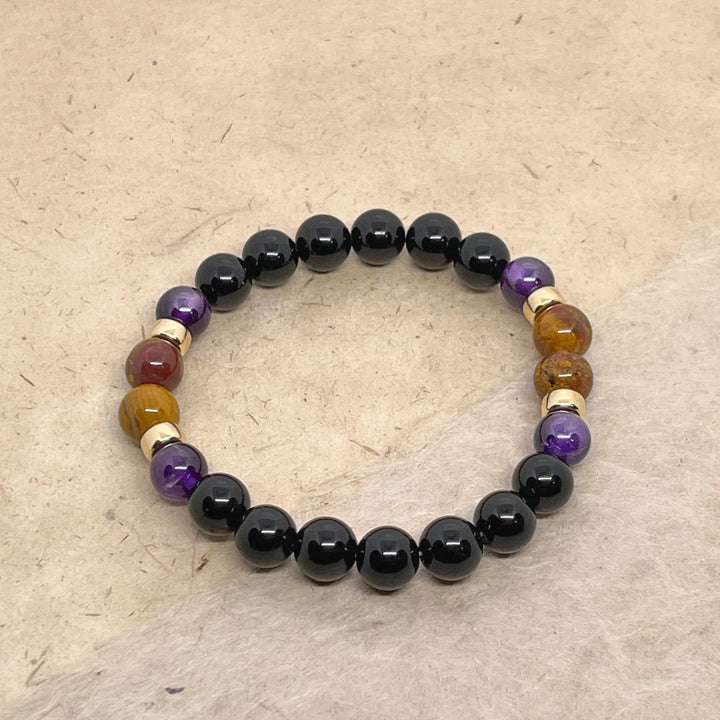Stability and Serenity - Black Tourmaline, Petrified Wood and Amethyst Bracelet 8mm