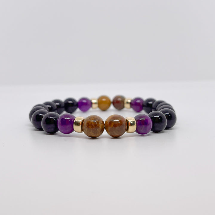 Stability and Serenity - Black Tourmaline, Petrified Wood and Amethyst Bracelet 8mm