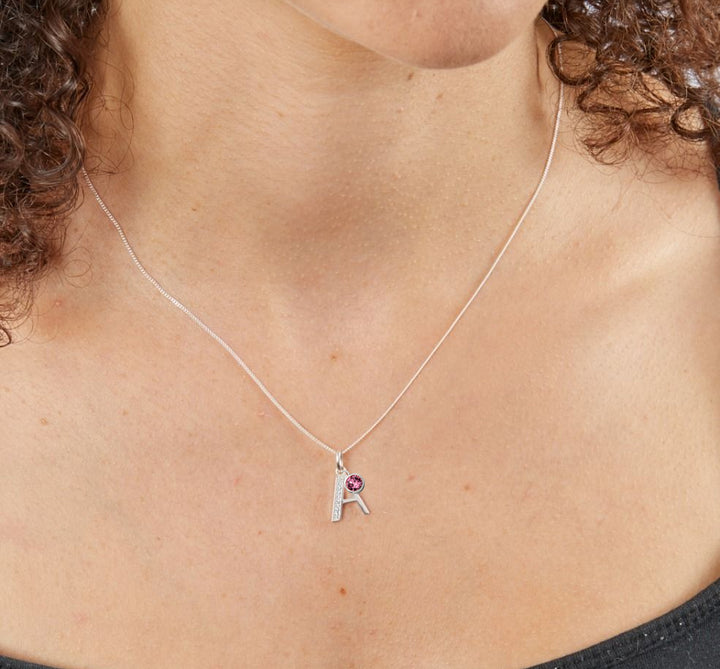 Custom Silver Birthstone Necklace with Initial Letter