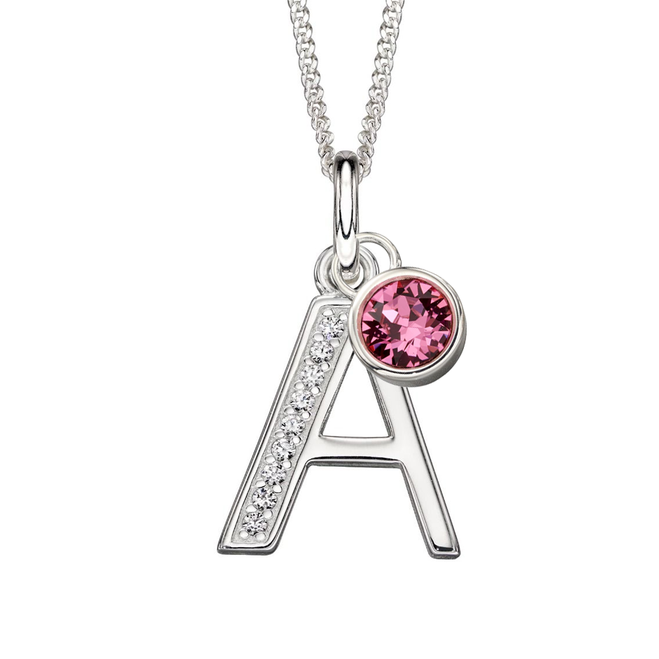 Custom Silver Birthstone Necklace with Initial Letter