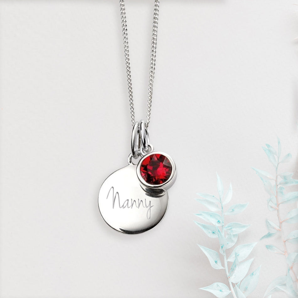 Personalised Birthstone Necklace for July with Ruby Swarovski Crystal and Sterling Silver Chain