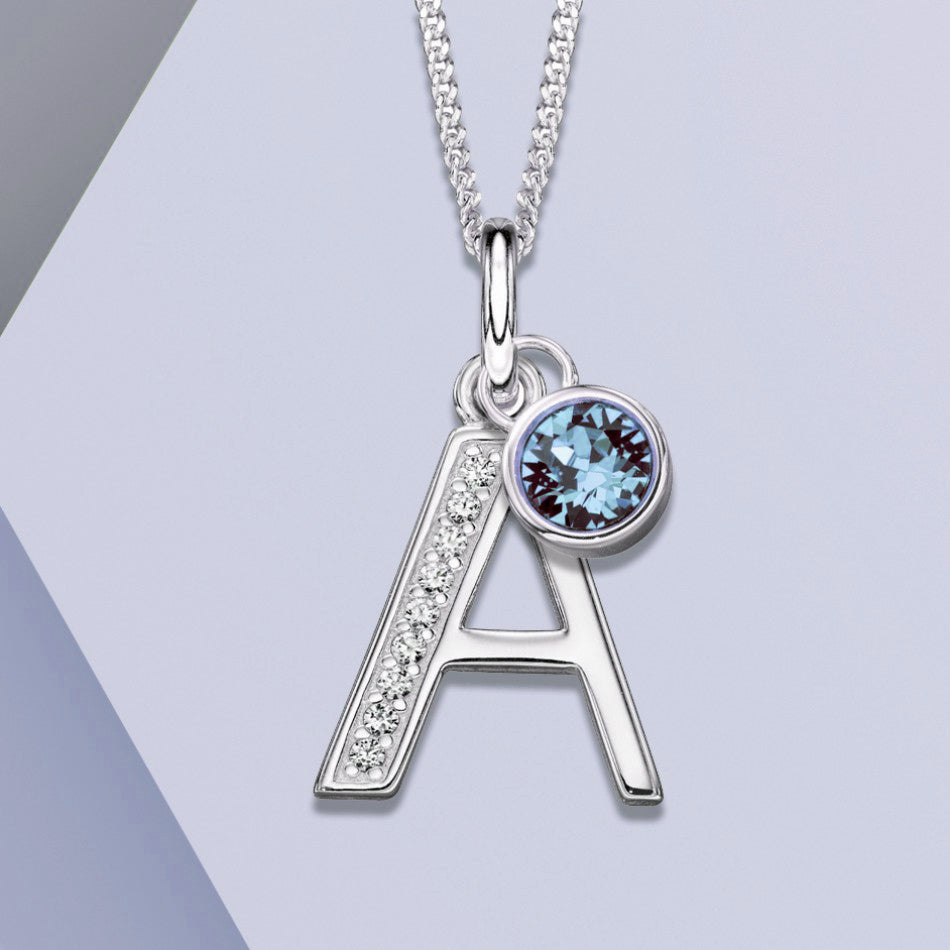 Custom Silver Birthstone Necklace with Initial Letter