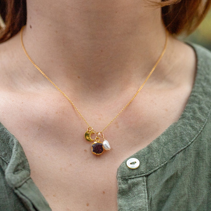 Garnet Crescent Moon Charm Necklace (January Birthstone)