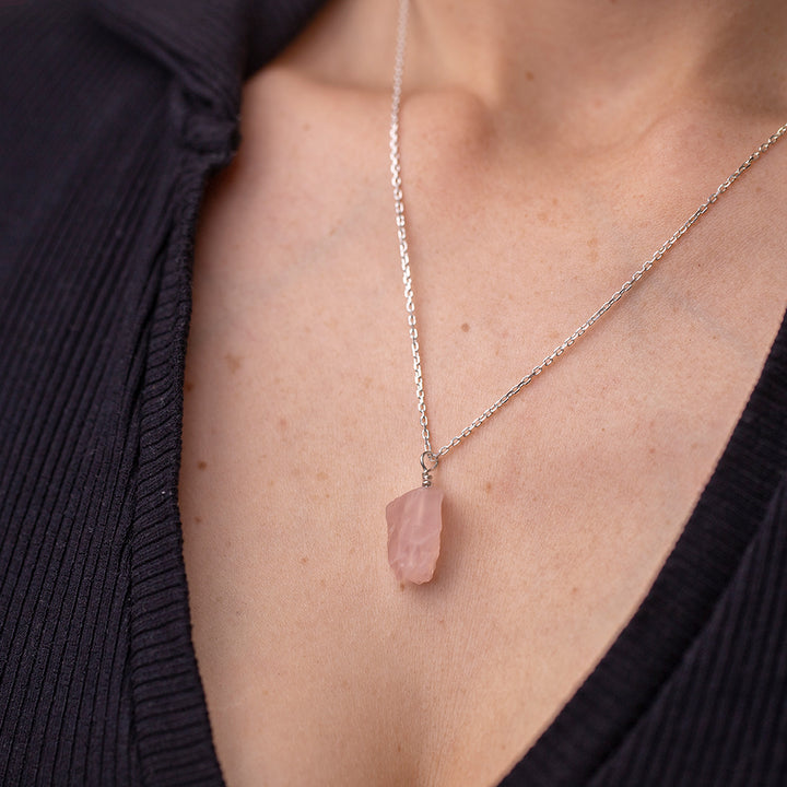 Raw Rose Quartz Necklace with Threaded Pendant